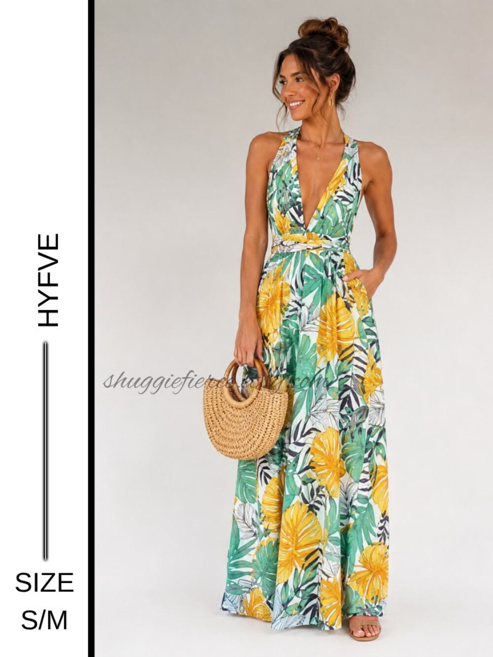✨MSRP $78  HYFVE Tropical Palm Print Halter Maxi Resort Vacation Dress Size S-M✨